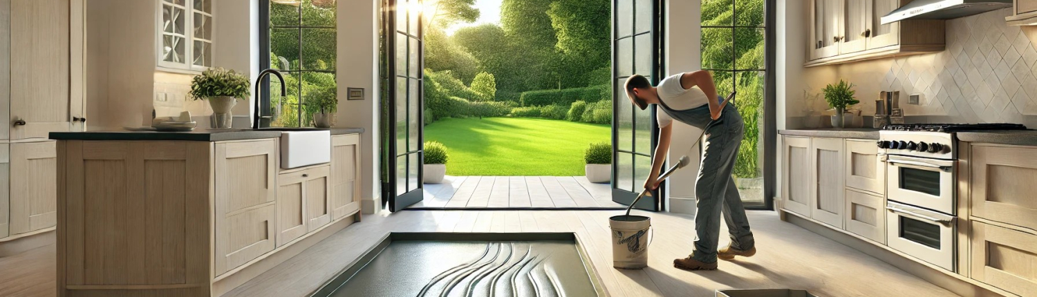 All Screed South East applying liquid screed in a modern open-plan kitchen with bi-folding doors leading to a lush green garden.
