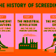 Warm, three-panel illustrated graphic showing the three parts of the ‘History of Screeding’ blog series: ancient floor levelling, the Industrial Revolution and modern screeding innovations.